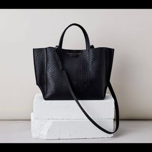 Half tote python leather handbag with detachable interior pouch, crossbody strap